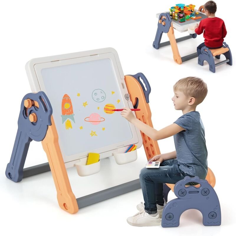 Costway - 6 in 1 Kindertisch mit Stuhl klappbar, Spieltisch + Staffelei mit doppelseitiger & Abnehmbarer Tischplatte, 10...