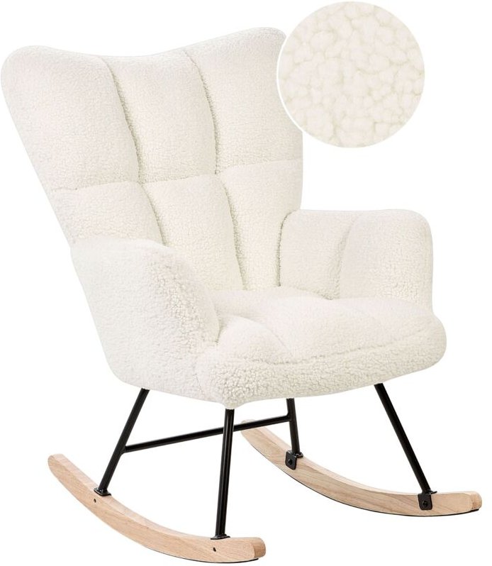 Schaukelsessel Weiß Bouclé Stoff Gepolstert mit Armlehnen Schwarze Beine für Wohnzimmer Kinderzimmer Schlafzimmer Wohnbe...