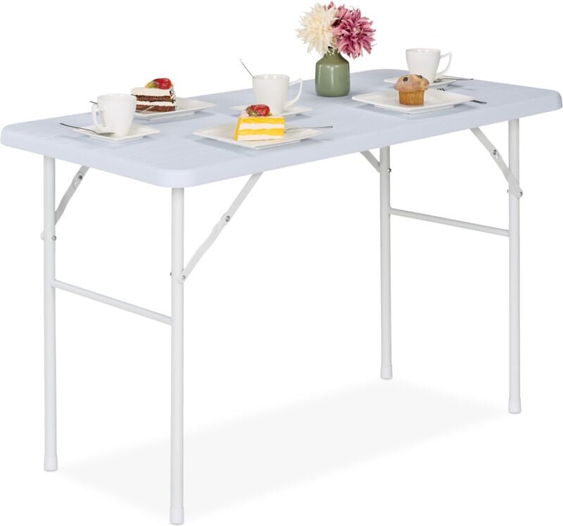 Gartentisch, Holzoptik, eckig, HxBxT: 74 x 118 x 60 cm, Kunststoff, Metall, klappbarer Terrassentisch, weiß - Relaxdays