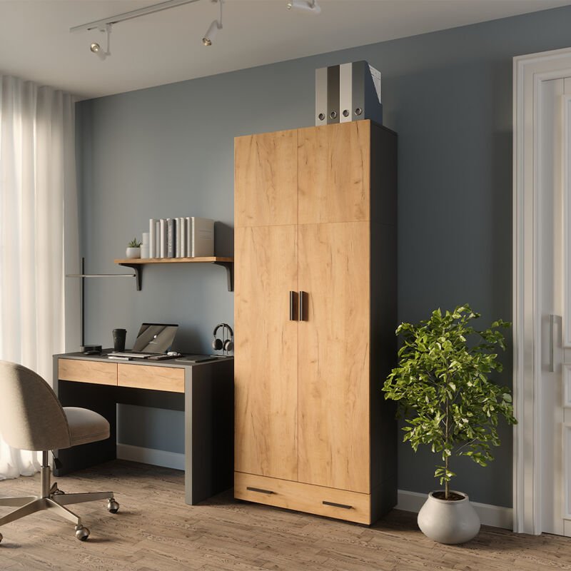 Thumbnail - Mehrzweckschrank Frank, Anthrazit/Goldkraft Eiche, 80 x 201.2 cm mit Schubladenmodul, Vicco