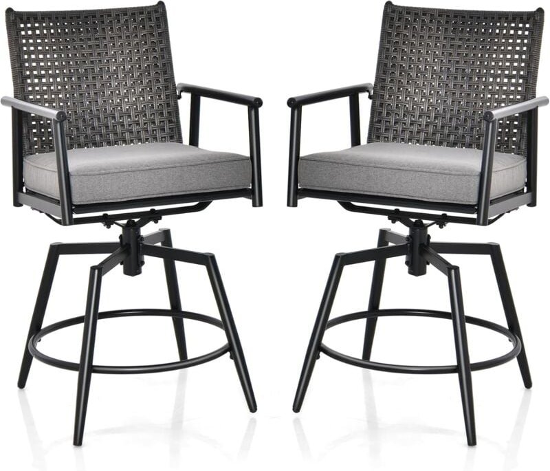 2er Set Barhocker 360° drehbar, mit 2-lagiger PE-Rattan-Rückenlehne, abnehmbarem gepolstertem Kissen, Fußstütze & Metall...