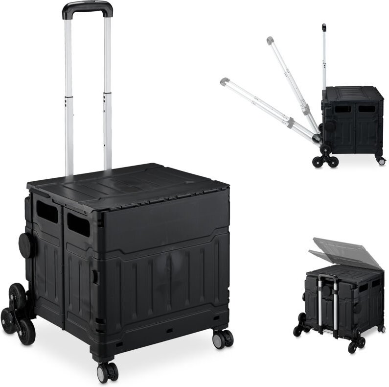 Einkaufstrolley Treppensteiger, klappbar, Einkaufskorb mit Rollen, Deckel, neigbarer Teleskopgriff, schwarz - Relaxdays