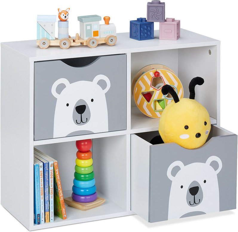 Kinderregal Bär, 2 Schubladen, 2 offene Fächer, h x b x t: 48 x 60 x 24,5 cm, Bücherregal Kinder, weiß/grau - Relaxdays