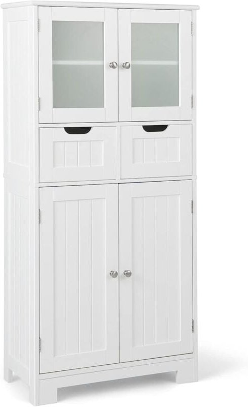 Badschrank mit 2 Schubladen und 4 Türen, Badezimmerschrank mit verstellbaren Regalen, 128cm weiß - Costway