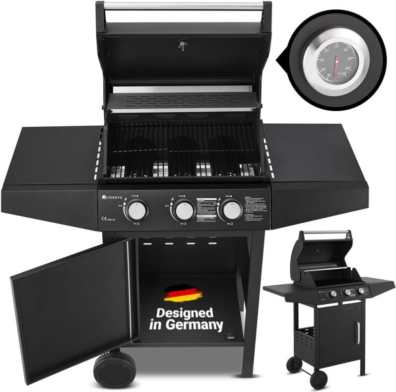 Bbq Gasgrill Louisiana 8,1 kW mit 3 Brenner, Grillrost, Deckel mit Thermometer, Warmhalterost & Seitenablagen – Grillwag...