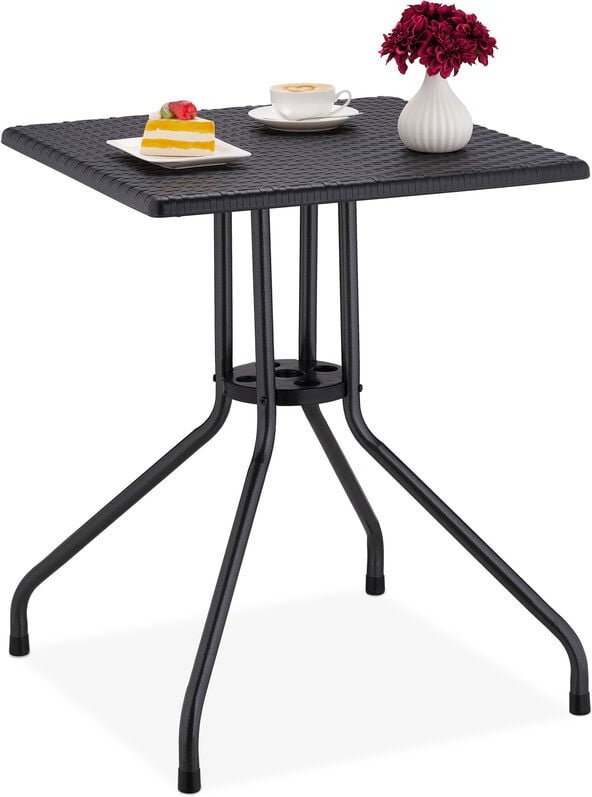 Relaxdays Gartentisch Rattan-Optik, quadratisch, HBT: 75x61x61cm, Balkontisch, Kunststoff, Metall, Outdoortisch, schwarz