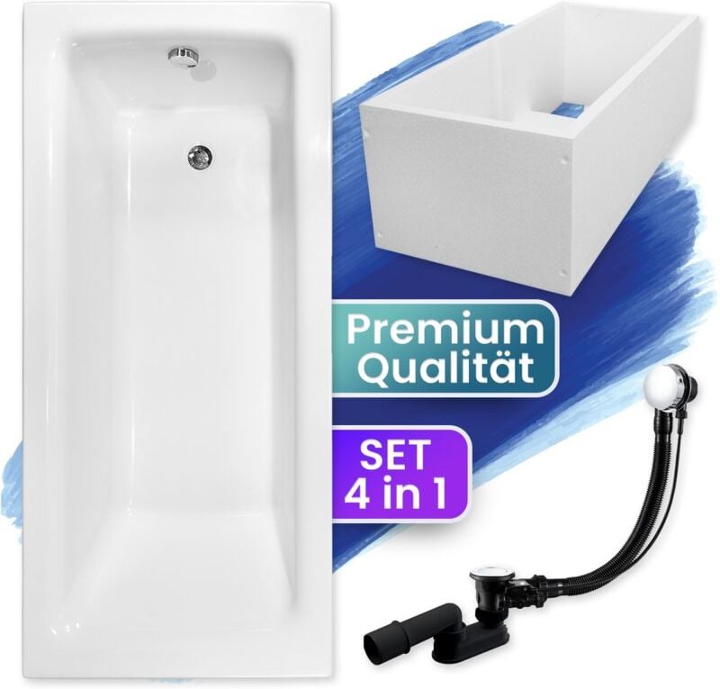 Badland - Badewanne Rechteck 150x70 mit Wannenträger, Ablaufgarnitur & Füßen gratis - Komplettset 4in1 Original Acryl Wa...