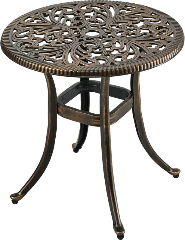 Relaxdays Gartentisch mit Schirmloch, HxD: 53 x 53 cm, Aluguss, wetterfest, antik, runder Balkontisch, schwarz/bronze