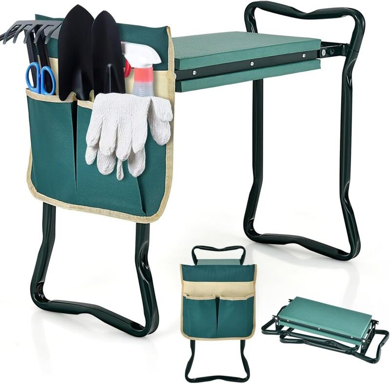COSTWAY 2 in 1 Kniebank für Gartenarbeit, Gartenhocker klappbar, Garten Arbeitshocker mit EVE-Polster & 1 Werkzeugtasche...