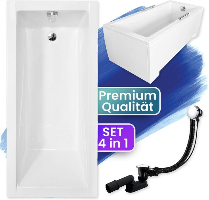 Badland - Badewanne Rechteck 180x80 mit AcrylSchürze, Ablaufgarnitur & Füßen gratis - Komplettset 4in1 Original Acryl Wa...