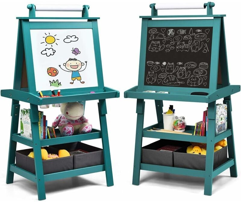 Costway - 3 in 1 Kinder Staffelei, Kindertafel doppelseitig, Whiteboard & Kreidetafel & Zeichenpapier, Standtafel inkl. ...