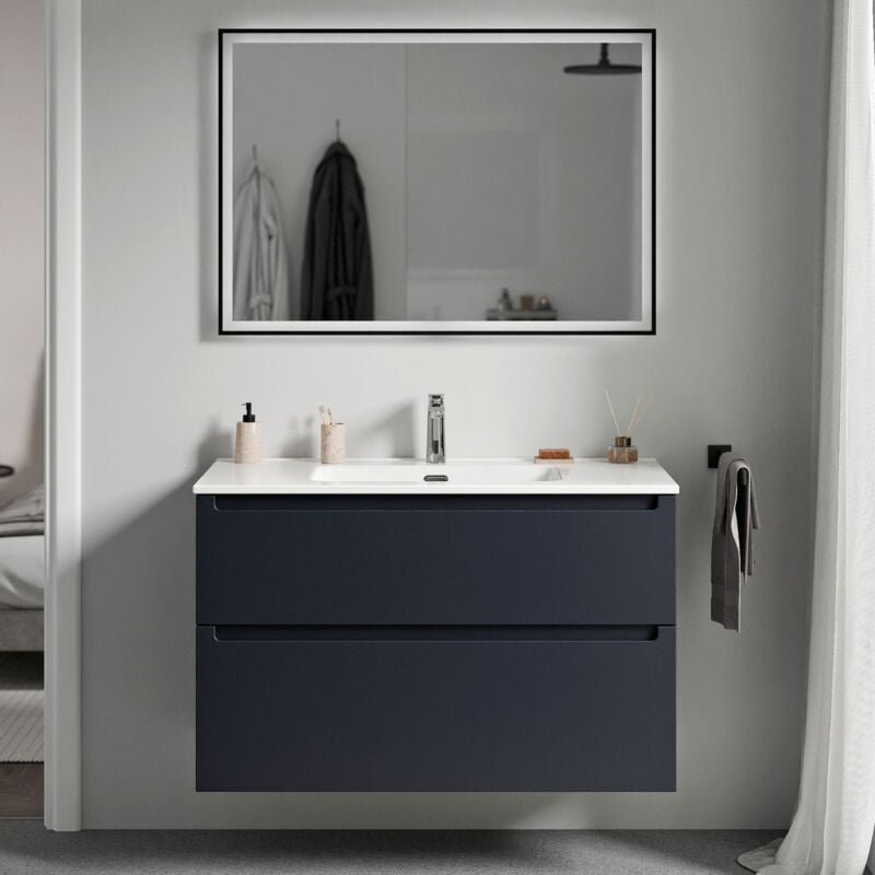 Waschtischunterschrank Bernstein vireo 80cm mit Waschbecken Weiß Badmöbel: Mitternachtsblau matt