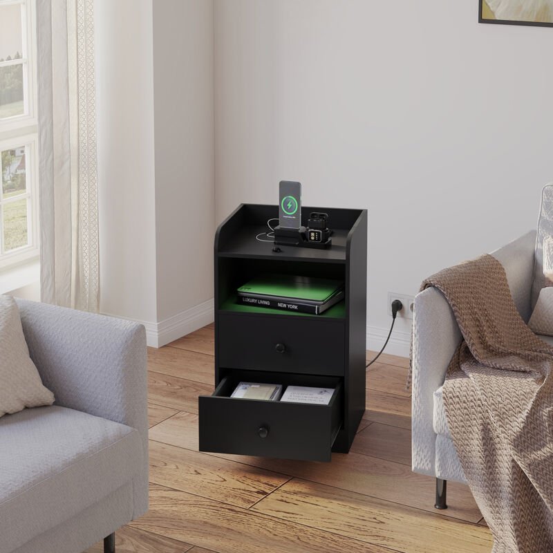 Thumbnail - 1x Nachttisch mit led -Licht und Ladefunktion, Beistelltisch mit 2 Steckdosen 2 USB-Anschlüssen, Sofatisch Couchtisch mi...