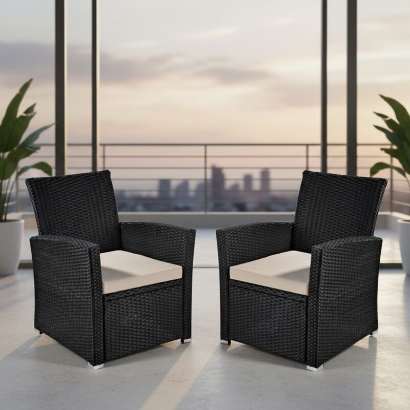 Mucola - 2xGarten Sessel Stuhl Rattan Gartenmöbel Balkon Sitzmöbel Rattansessel Schwarz