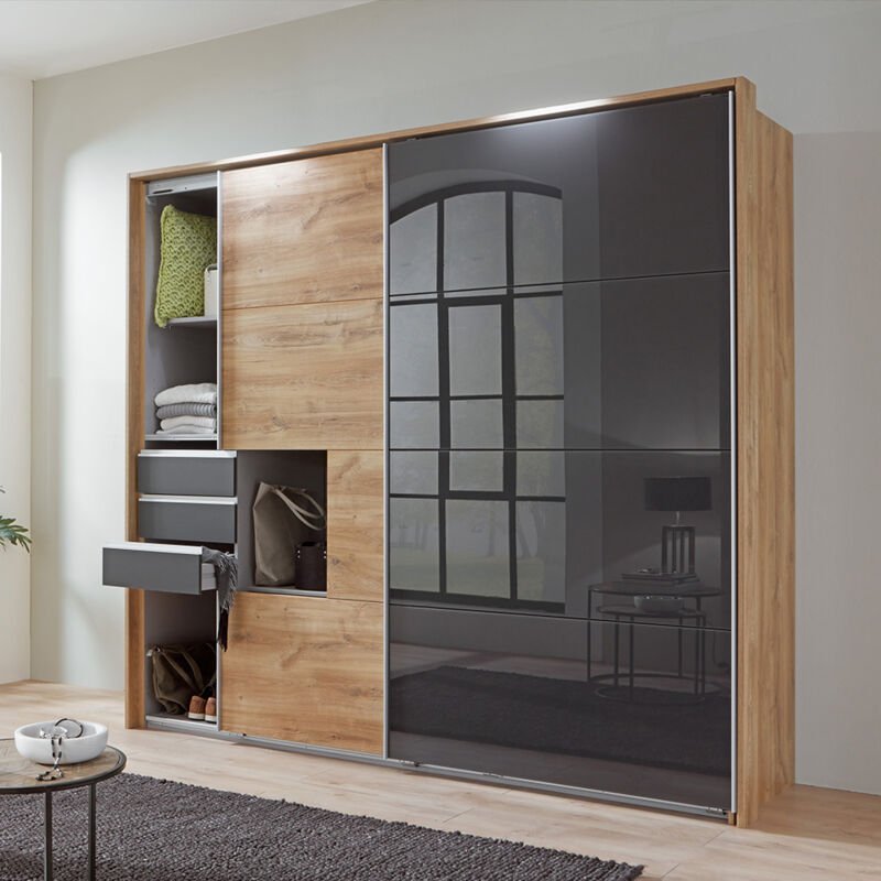 Schwebetürenschrank 2-türig 225cm, inkl. Passepartoutrahmen, Eiche und graphit mit grauem Glas, STRATFORD-43