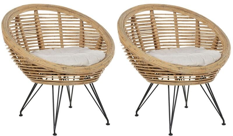 Gartenstuhl 2er Set Natürlich Rattan mit Schwarzem Metallgestell Auflagen Hellbeige Stoff Boho Garten Outdoor Indoor Ter...