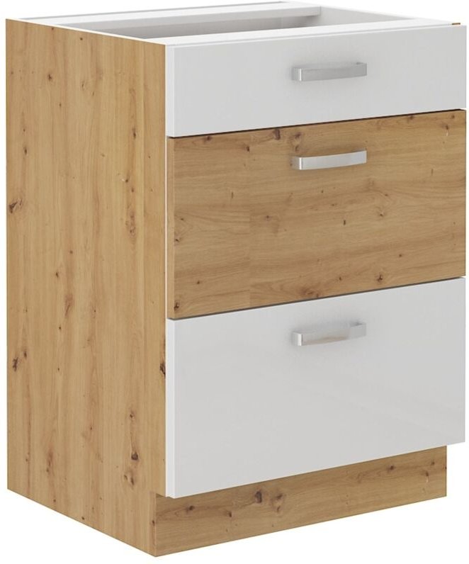 Küchen Preisbombe - Küchen Unterschrank 60 cm Eiche Artisan + Weiß Hochglanz Vollauszug Soft-Close