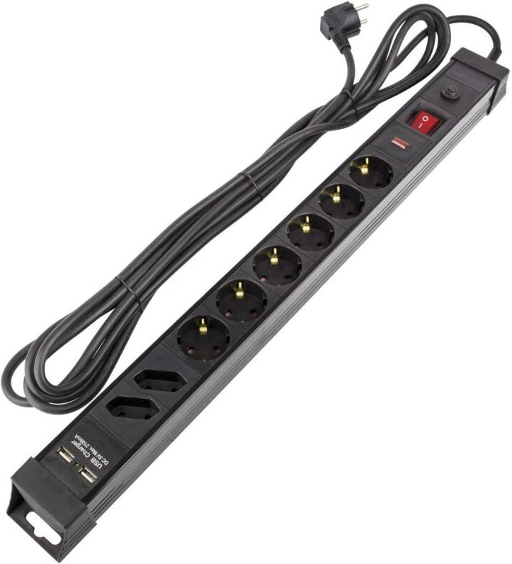 Steckerleiste 6 Schuko Steckdosen Typ F mit Überspannungsschutz + 2 Stecker Typ C + 2xUSB 5m Schwarz