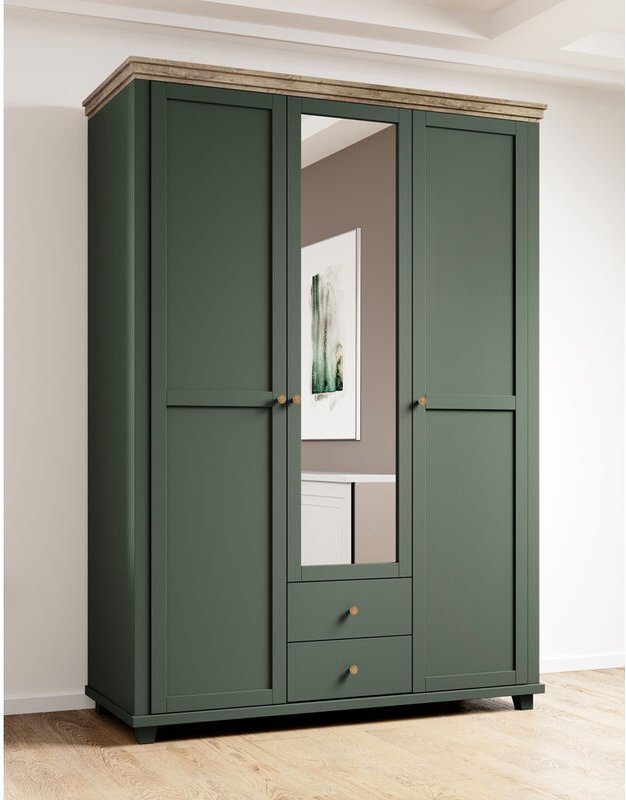 Kleiderschrank mit Spiegel Landhausstil EPSOM-83 in grün mit Lefkas Eiche Nb. 3 türig, b/h/t: ca. 154/216/62 cm