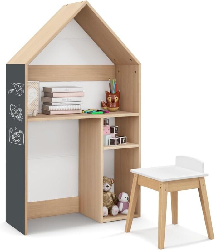 Costway - Schreibtisch Kinder in Hausform, Kinderschreibtisch mit Stuhl & Tafel & Ablagen, Kindertisch aus Holz, Schüler...