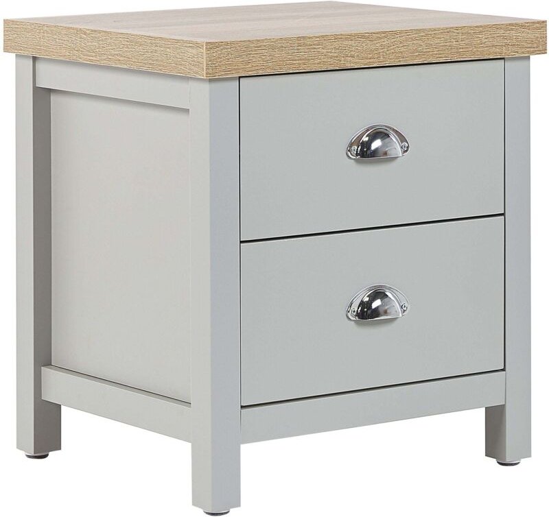Nachttisch Grau und Heller Holzfarbton Faserplatte mit 2 Schubladen Griffe Silber Zink Landhausstil Skandinavisch Rechte...