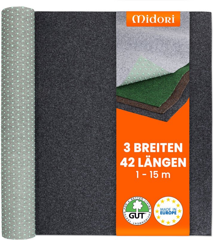 Midori - Rasenteppich 200 x 650 cm Schwarz Kunstrasen-Teppich mit Noppen Balkon Terrasse Outdoor wasserdurchlässig
