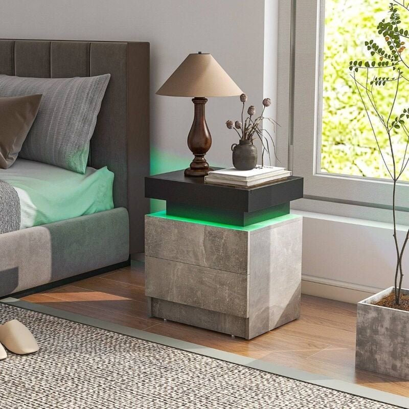 Northix - Nachttisch mit led leuchten 2 schubladen fernbedienung nachtschrank 45 x 35 x 52cm grau