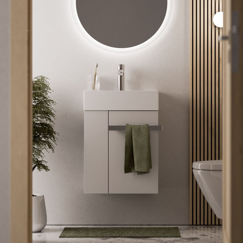 Waschtischunterschrank Gäste-WC Bernstein COMPACT 450 mit Waschbecken 45 cm Regal links Badmöbel: Weiß matt, Metallgriff...