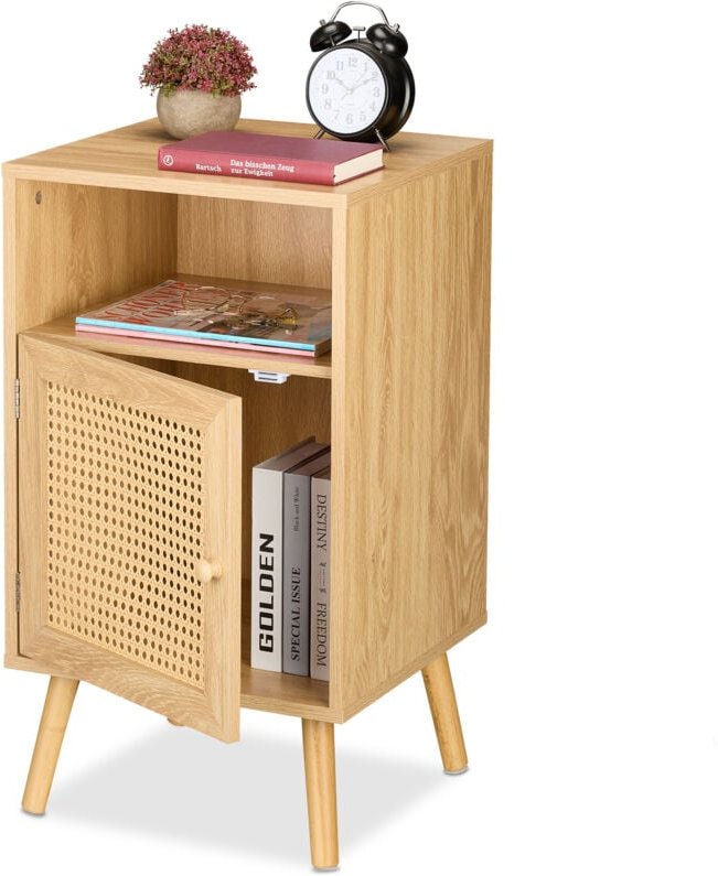 Relaxdays - Nachttisch, Rattan-Tür, Holzoptik, HxBxT: 72 x 40 x 39 cm, offenes Fach, Schlafzimmer, Nachtschrank, natur