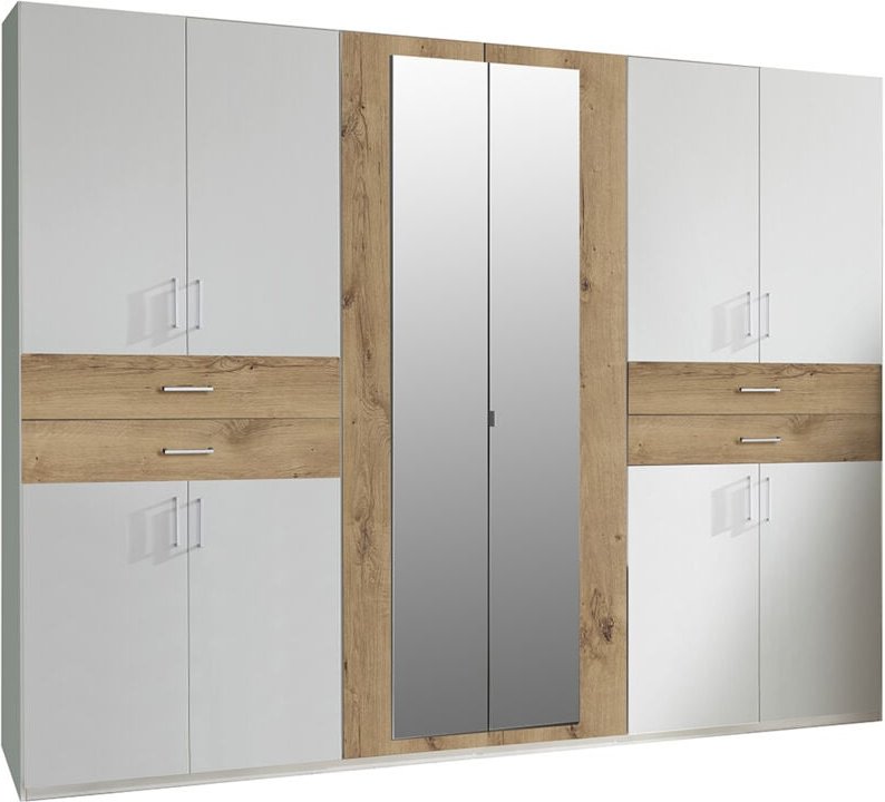 Kleiderschrank mit Spiegel, 270 cm breit modern in weiß mit Eiche TREVISO-43