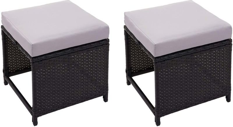 Thumbnail - 2er-Set Poly-Rattan Hocker HHG 874, Gartenhocker Sitzhocker, Gastronomie schwarz, Kissen hellgrau