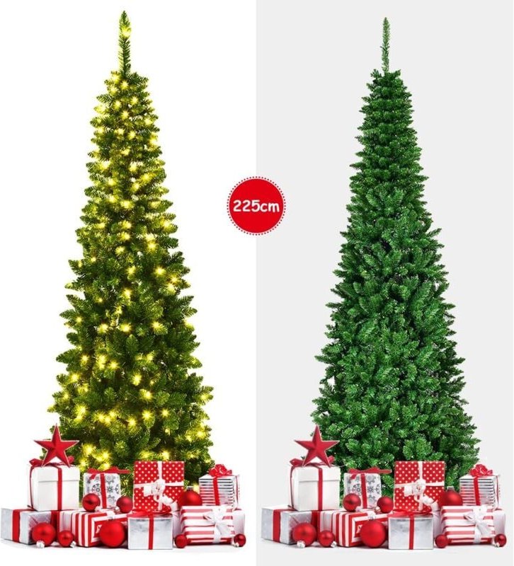 225cm Bleistift Weihnachtsbaum mit warmweissen LED-Leuchten, künstlicher Tannenbaum mit Klappsystem und Metallstaender, ...