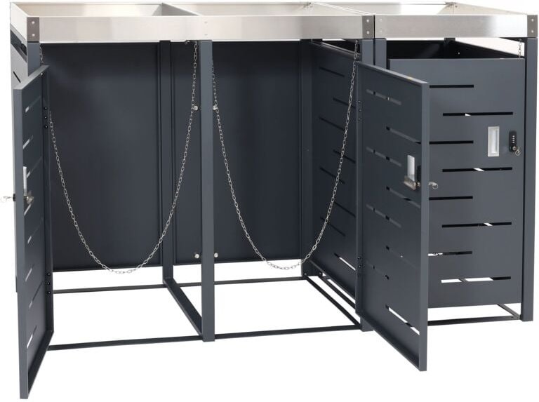 Thumbnail - 3er-Mülltonnenverkleidung HHG 044b, Mülltonnenbox, Pflanzkasten Edelstahl-Metall-Kombi 63kg 110x175x62cm erweiterbar