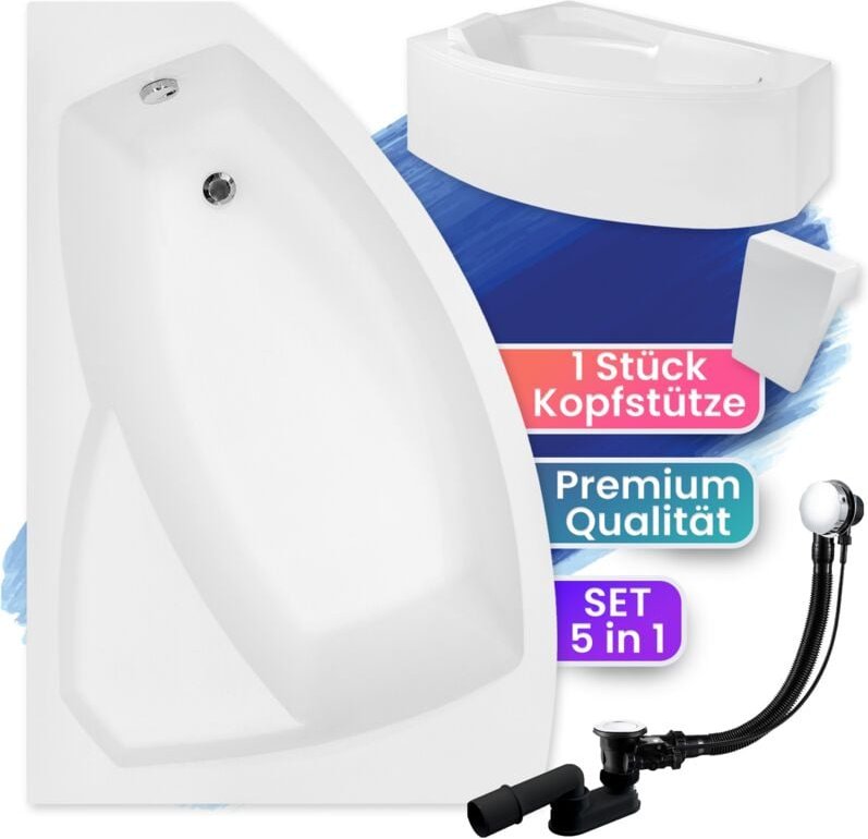 Badland - Badewanne Eckbadewanne 130x85 Links mit AcrylSchürze + Kopfstütze, Ablaufgarnitur & Füßen gratis - Komplettset...