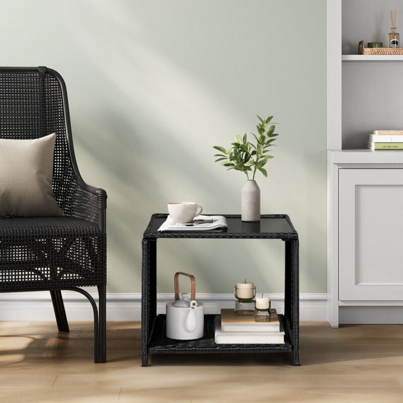 WOLTU Polyrattan Beistelltisch Wetterfest Balkontisch mit Glasplatte offenem Fach Terrassentisch Outdoor Tisch bis 80kg ...