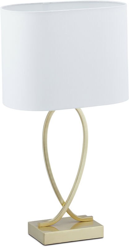 Relaxdays Tischlampe, Nachttischlampe mit Stoffschirm, HxBxT: 51 x 28 x 18 cm, E27, Tischleuchte Wohnzimmer, gold/weiß