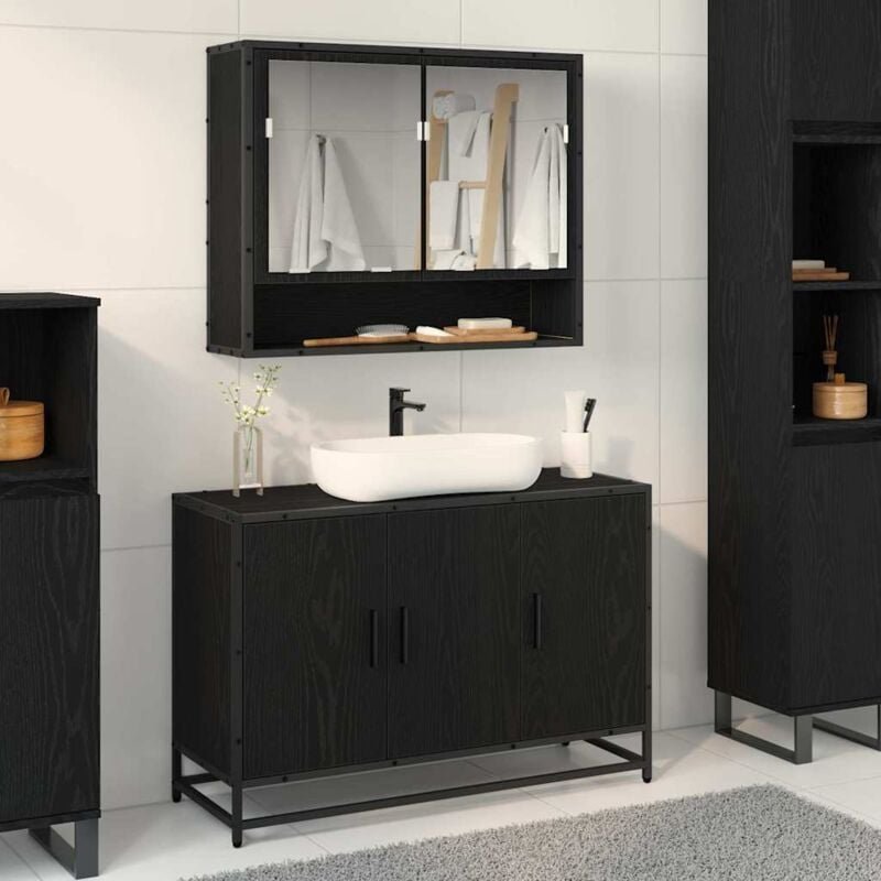 Badezimmer Waschbecken Schrank mit Regal Schwarz Eichen-Optik vidaXL