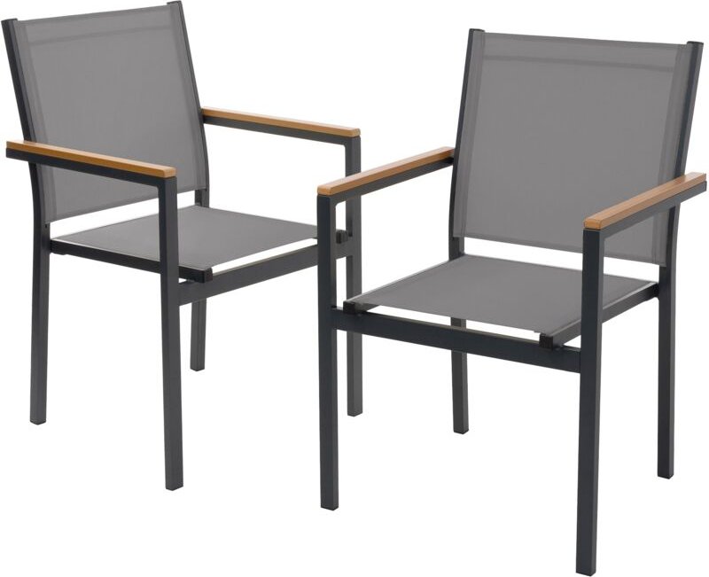ML-Design Gartenstühle 2er Set mit Armlehnen-Holzoptik, Dunkelgrau, Gartenstuhl aus Textilene, Terrassenstühle mit Metal...
