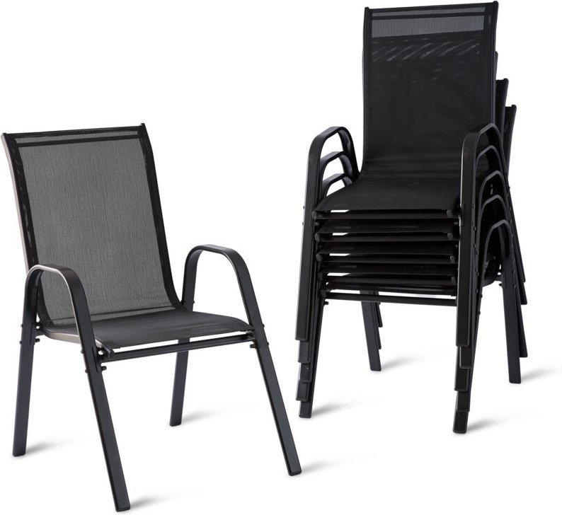 Relaxdays Gartenstühle, 6er Set, Hochlehner, Armlehnen, stapelbar, bis 150 kg, Polyester, Metall, Stapelstuhl, anthrazit