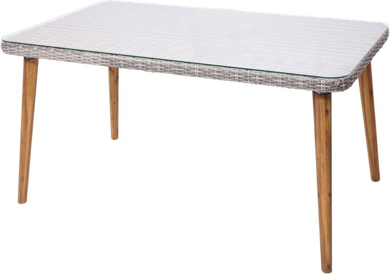 Poly-Rattan Esstisch HHG 753, Garten-/Lounge-Tisch, Stahl + Akazie halbrundes Poly-Rattan mvg 150x90cm grau