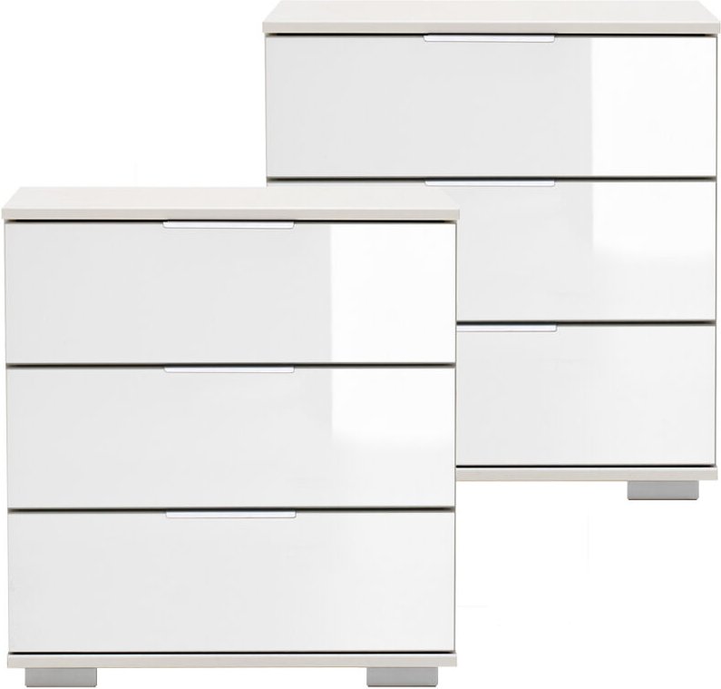 Schlafzimmer 2er Set Nachttisch Nachtschrank, auch für Boxspringbetten, in weiß mit weißem Glas ELSTRA-43, b/h/t ca. 52/...