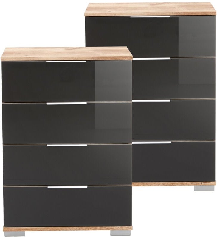 Schlafzimmer Nachttisch 2er Set, auch für Boxspringbett geeignet, in Plankeneiche Nb. mit grauem Glas ELSTRA-43, b/h/t c...