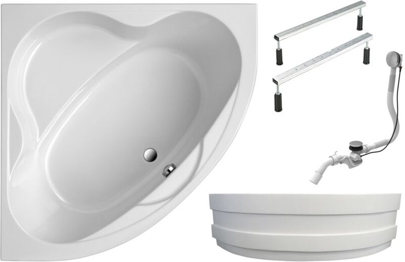 Eckbadewanne Coralia - 140x140 cm, aus hochwertigem Sanitäracryl, Weiß glänzend, Komplett Set inkl. Schürze, Fußgestell ...