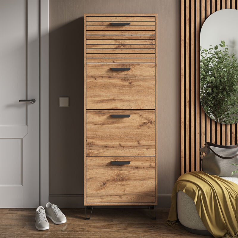 Schuhkipper Amber, Eiche Wotan, 60 x 168 cm mit 4 Fächern, Vicco