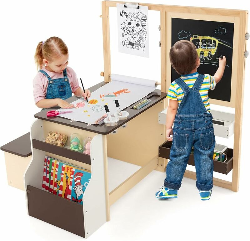 COSTWAY 6 in 1 Kinder Staffelei Set, Standtafel aus Holz mit doppelseitiger Kreidetafel & Whiteboard & Papierrolle, Kind...