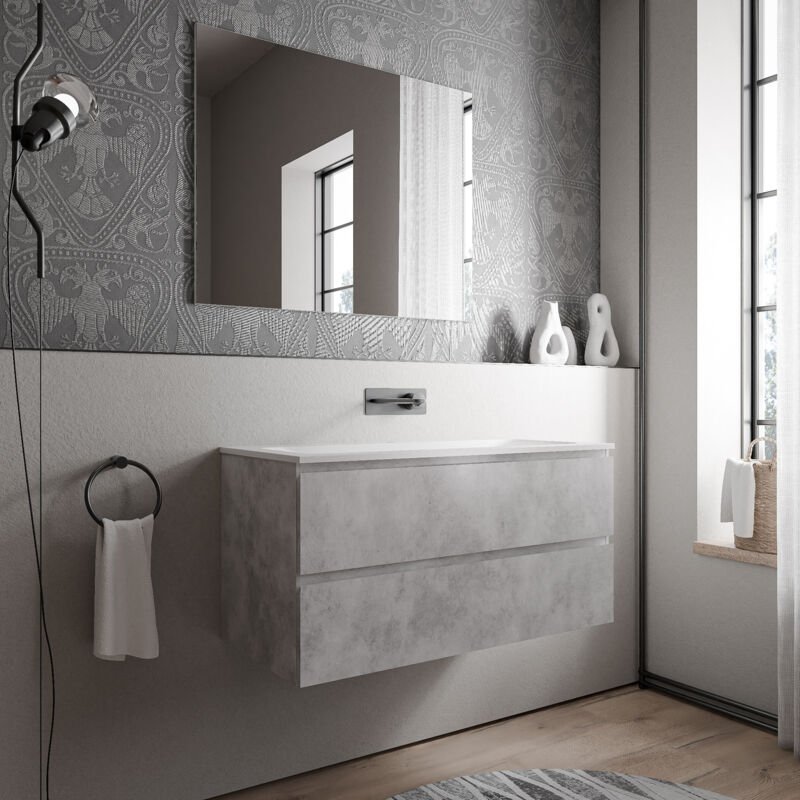 Unterschrank Bernstein AVA 100 cm mit Mineralguss Waschbecken BRUXELLES - Badmöbelfarbe Beton, Waschbecken Weiß matt ohn...