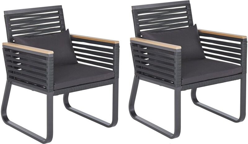 Thumbnail - Beliani - Gartenstuhl 2er Set Schwarz Aluminium mit Armlehnen Auflagen Flechtseil Terrasse Balkon Outdoor Möbel