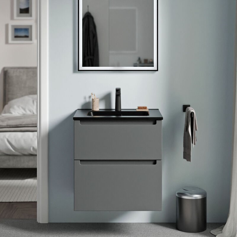 Waschtischunterschrank Bernstein vireo 60 cm mit Waschbecken Schwarz - Badmöbelfarbe Anthrazit matt