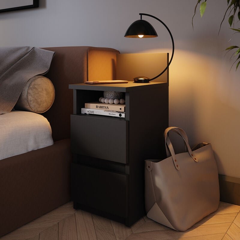 Nachttisch Monty, Schwarz, 25 x 59.1 cm mit 2 Schubladen Vicco