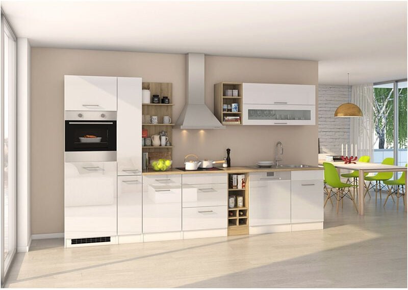 Komplett-Küche 340 cm weiß MARANELLO-03 , Weiß Hochglanz ohne E-Geräte b x h x t ca. 340 x 200 x 60cm